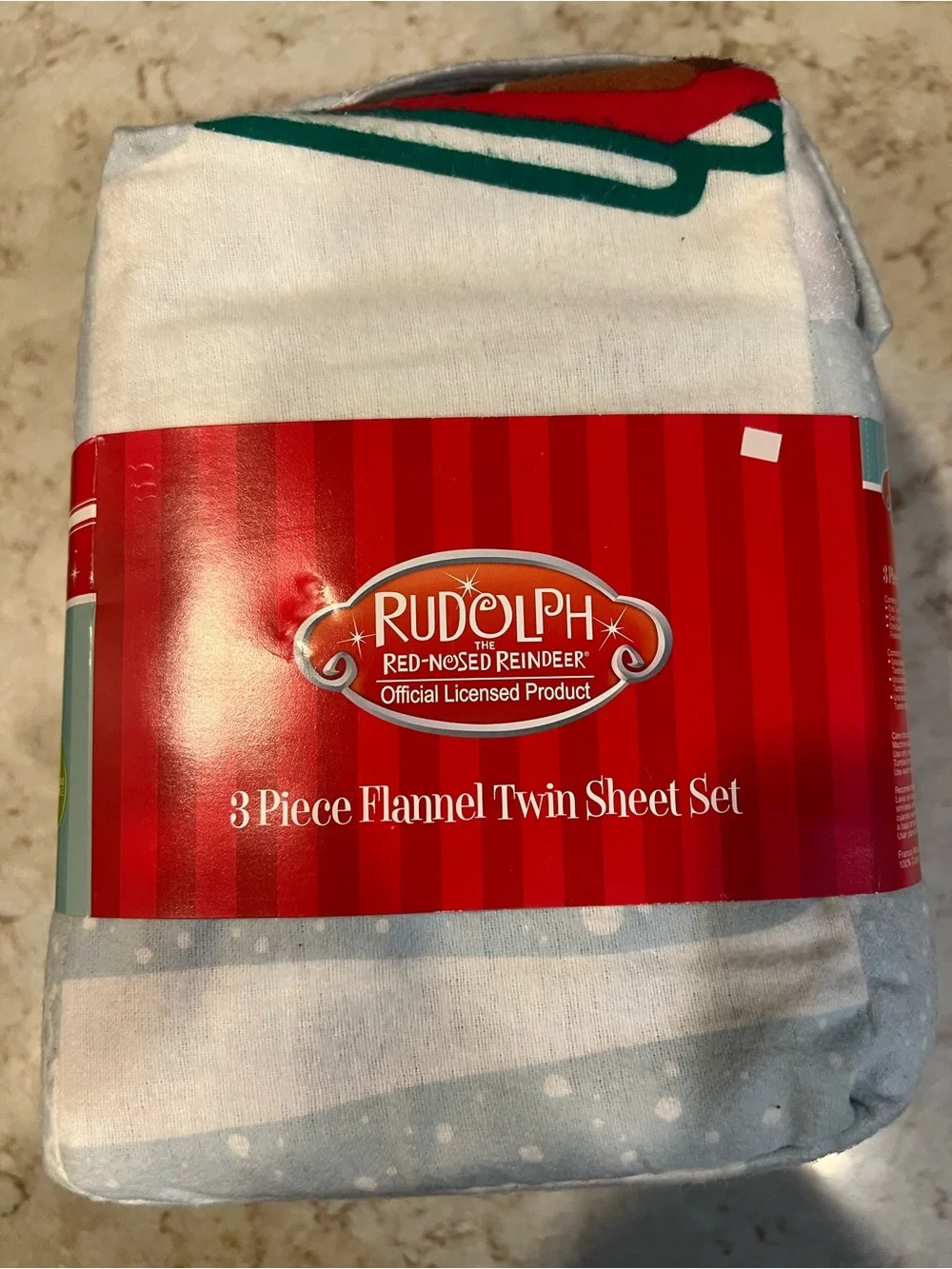 Rudolph 3-Piece Flannel Twin Sheet Set - Light Blue Snowflake & Holiday Tree
